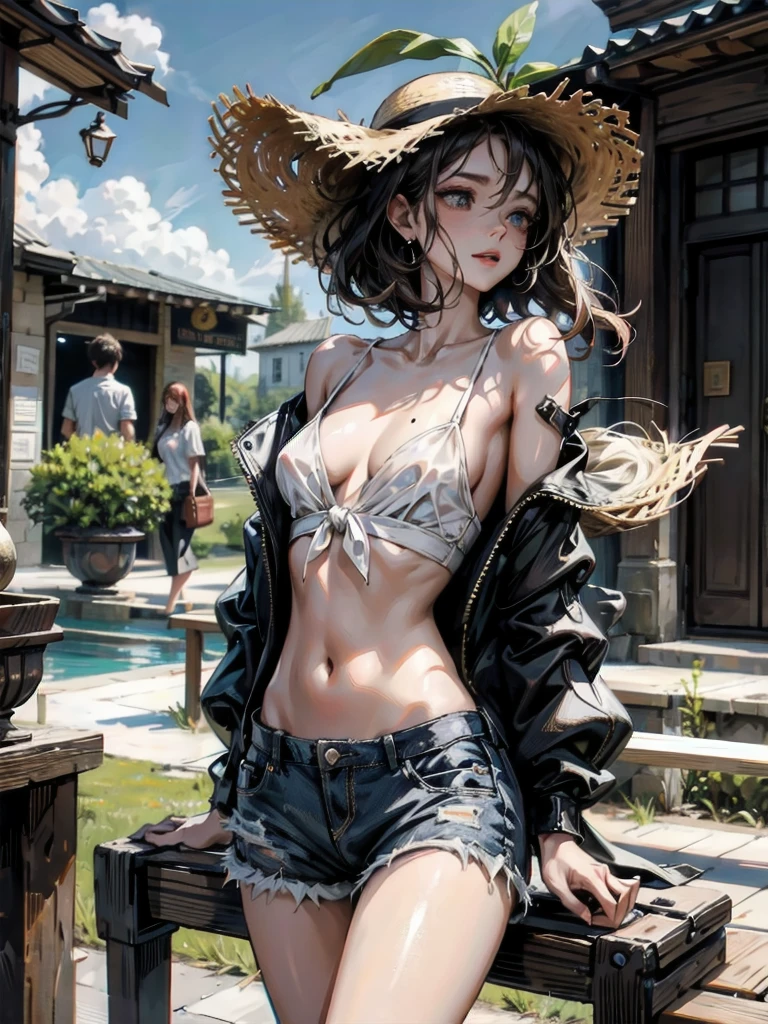 absurdres, RAW photo, extremely delicate and beautiful, masterpiece, Best Quality, ultra high resolution, 32k, hyperrealistic, ultra-detailed, perfect figure, tearful mole, earring, whole body shot, short medium hair, wavy hair, casual, blouse, white shirt, buttoned shirt, bare shoulders, collarbone, midriff, navel, shorts, straw hat, 