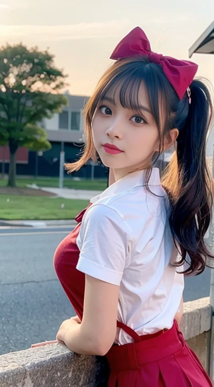 (4k, RAW photo, best quality, masterpiece: 1.3), (real, photo real: 1.37), (night), (looking at viewer: 1.331), (black hair), posing, school playground, night scene, tender Light, 1girl, beautiful face, half body, hands down, random hairstyle, random expression, big eyes, belly, (short sleeve.JK_shirt), JK_style, (dark red JK_skirt) ,(Bowknot JK_tie),solo,