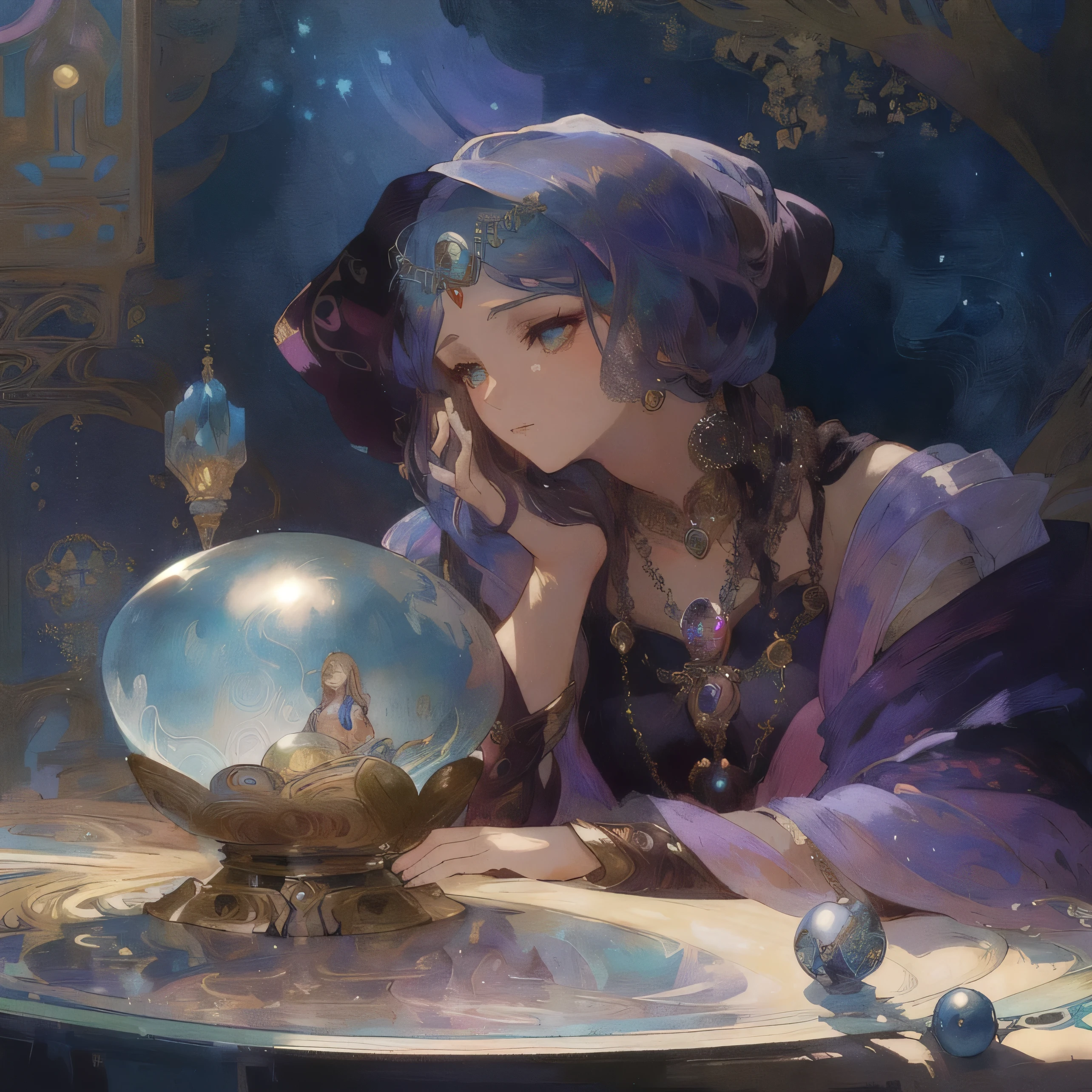 arafed woman sitting at a table with a crystal ball, fortune teller, beautiful sorceress, magali villeneuve', alphonse mucha magali villeneuve, a beautiful sorceress, sorceress, inspired by gaston bussiere, portrait of a sorceress, mucha. art nouveau. gloomhaven, by Cynthia Sheppard, crystal ball