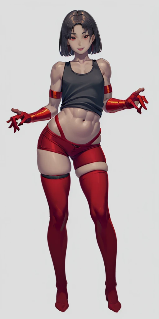 (plain background, 8k, best quality, masterpiece, realistic, photo-realistic:1.37) (full body height standing straight symmetrical contrapposto) (looking at viewer) 2legs apart (wide stance) ultra detailed, 1solo cute girl (beautiful detailed eyes) (smile:1.2) (closed mouth) view from below depth of field, good composition, bob hair, perfect knockers, suspenders, toned body, athletic, wide hips, thin waist, toned arms, exposed abdomen, abs toned, navel, big belly button belt ((red cheeks, red eyes, red tank top, red thong, red gloves gauntlets, red stockings thighs))