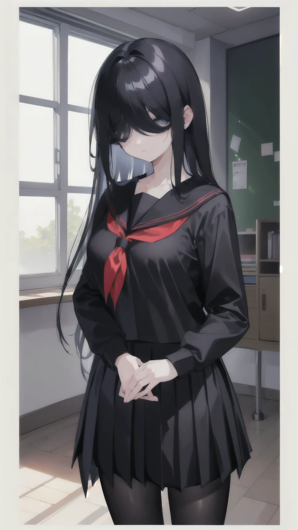 (8k、Best image quality、highest quality、masterpiece)、Detailed face、One girl、Black Hair、Long Hair、((hair over eyes:1.5))、((Moderate breasts))、((black serafuku))、Long sleeve、((Black pleated skirt))、((panty hose))、Cowboy Shot、Classroom Background