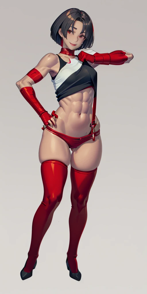 (plain background, 8k, best quality, masterpiece, realistic, photo-realistic:1.37) (full body height standing straight symmetrical contrapposto) (looking at viewer) 2legs apart (wide stance) ultra detailed, 1solo cute girl (beautiful detailed eyes) (smile:1.2) (closed mouth) view from below depth of field, good composition, bob hair, perfect knockers, suspenders, toned body, athletic, wide hips, thin waist, toned arms, exposed abdomen, abs toned, navel, big belly button belt ((red cheeks, red eyes, red tank top, red thong, red gloves gauntlets, red stockings thighs))