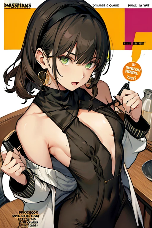 (small breasts:1.3), (perky chest:1.1), (pointed chest:1.0), (hand gun magazine cover:1.3)，(from above:1.0),(from side:0.9),masterpiece, 1girl, Amazing Cleavage:1.1, thin waist, big ass, Raised sexy, small breast: 1.3, posed cleavage:1.2、solo, open mouth, have a cute grass of cute beergrass,black hair, dark green eyes, dress, bare shoulders, jewelry, collarbone, sidelocks, hairband, earrings, indoors, off shoulder, sweater, arms behind back, plant, short hair with long locks, gild hairband, sweater dress:1.2, off-shoulder sweater, red sweater, dark gord hair, big side hair, very long side hair,is rendered in (masterpiece: 1.2, best quality), with (ultra high resolution) and an exquisite (depth of field). This masterpiece is not only visually stunning but also tells,A scene of cooking in the kitchen by classroom ,looking at viewer,