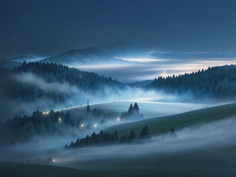 remote uninhabited natural landscape at midnight, lush hill, (midnight), (night time lighting), heavy fog rolling down the hillside, 