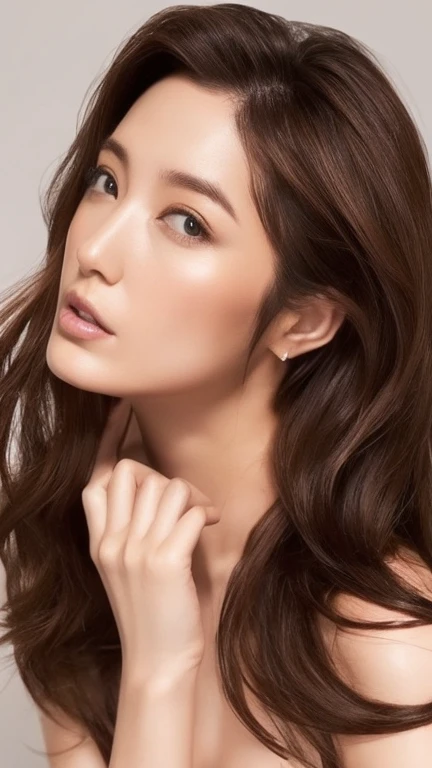 nude、Kissing Face、Mature Woman、Japanese、Full body photo、、slender、Long Hair、Wavy Hair、Giant-like chest、Saggy breasts、Brown Hair、Elegant wavy hair, ((He pouted.)),