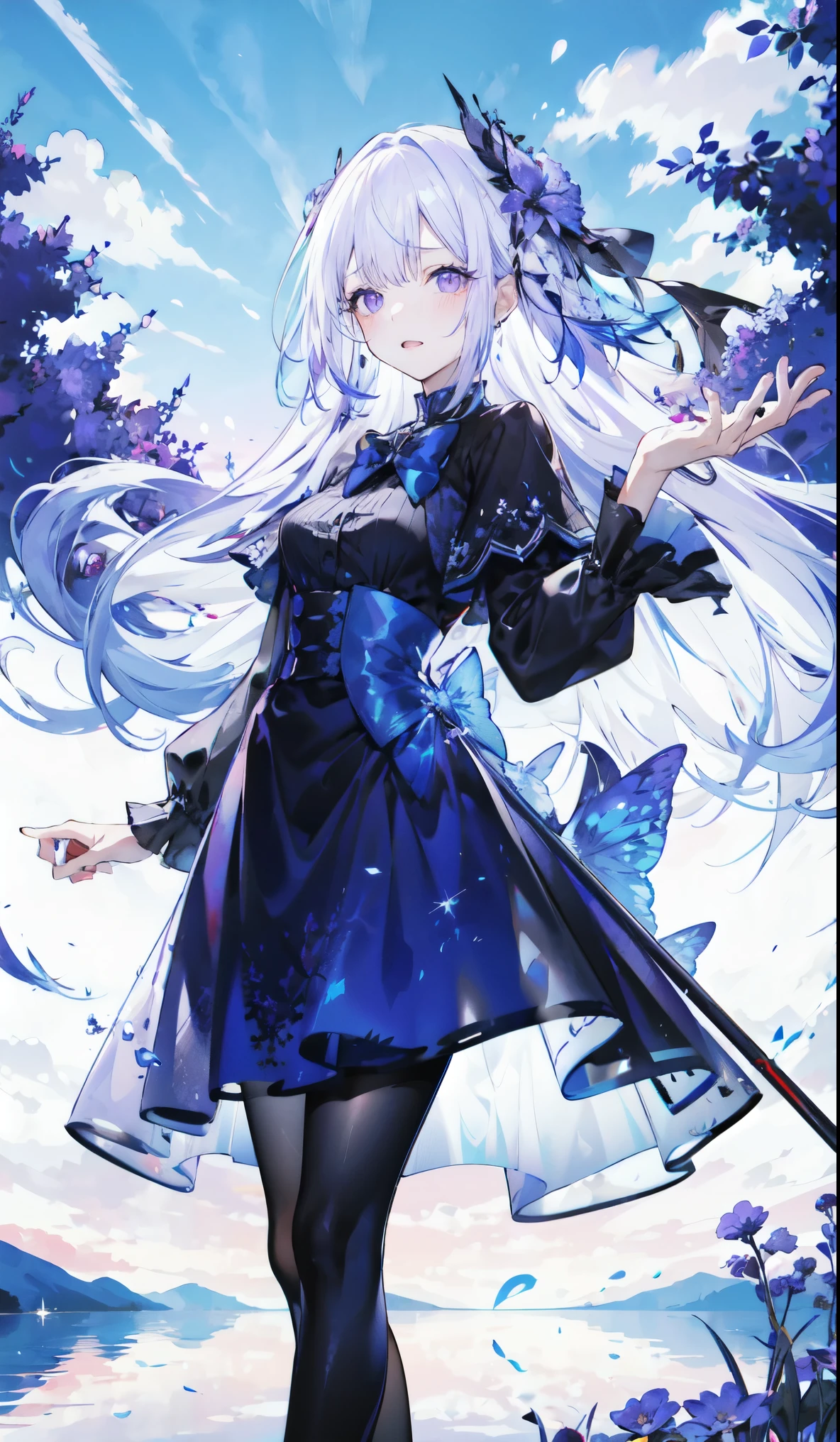 ((masterpiece:1.4,best quality)),(Super detailed),(Extremely detailed eyes),(Black leggings,Shiny socks:1.5),Hello Darkness
(Sexy girls),(28 year old girl),(Blood-red pupils,Diamond-shaped pupil:1.15),Purple Eyeshadow,(Elongated hair,Thick hair,shiny hair:1.5)(Variza:1.2),Fair skin,despair,Grief,Empty eyes,Tears streaming down my face,tilt head to one side,Kneel down
(She wears blue armor,A blue dress,:1.5),Very long plush sleeves,White,White Cloud,Dream bubbles ,Ice and glitter effects
(Black long skirt:1.1),
(dawn:1.2),
(Intense black and white:1.16),(Depth of Field:1.4),,Intricate details,(Sky Castle,Standing on the lake,Purple flowers by the lake)