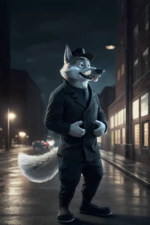 cute cartoon of a (gary \(zootopia\)) using a small black bob hat 19th century, wearing black worker uniform, solo, wolf, white fur, tongue out, full body image, pulling a lever with both hands, BREAK, factory industry and dark green polluted sky background, (intricate, high detail, film photography, soft focus, RAW candid cinema, photorealism, realistic, photorealistic, analog style, subsurface scattering, masterpiece, best quality, ultra realistic, 8k), profile picture