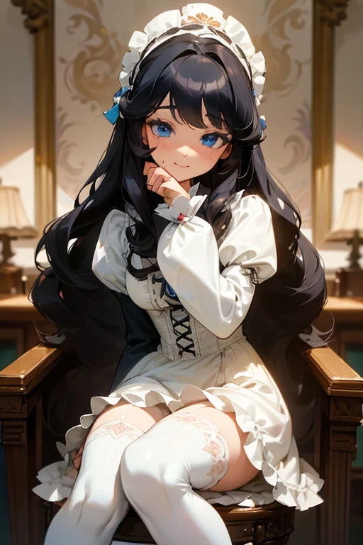 (masterpiece, best quality), warm lighting, blurry foreground, ((White ruff)), 1 girl, cowboy shot, ((victorian outfit)), (****ta attire), (((fluffy hair))), makeup, finely detailed, (best quality), (intricate details), ((Long jet black hair)), ((Hair is fluffy)), best quality, ((Puffy long sleeve dress)), (white ruff), ((Thigh high socks)), ((socks are white)), ((round eyes)), beautiful face, cute face, pinup, perfect face, victorian background, (((blue eyes))), ((curly long hair)), ((Soft smile, happy)), Dress is long, sitting in desk chair, cure room