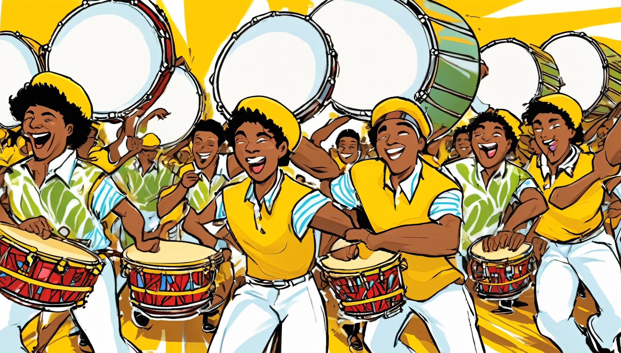 Claro, here is the adjusted prompt to generate an image in Midjourney:

---

**Prompt:**

Create an animated cartoon-style drawing inspired by the 1980s of a samba school drumline. The drummers should be wearing red and white striped shirts. The scene should show four to five members of the drumline from a front view, clearly depicting a samba school drumline. Include two people playing surdo drums, one person playing a malacacheta (snare drum), one person playing a tamborim, and one person playing a repinique. All the drummers should appear extremely joyful, radiating happiness. The background should be completely white.

---