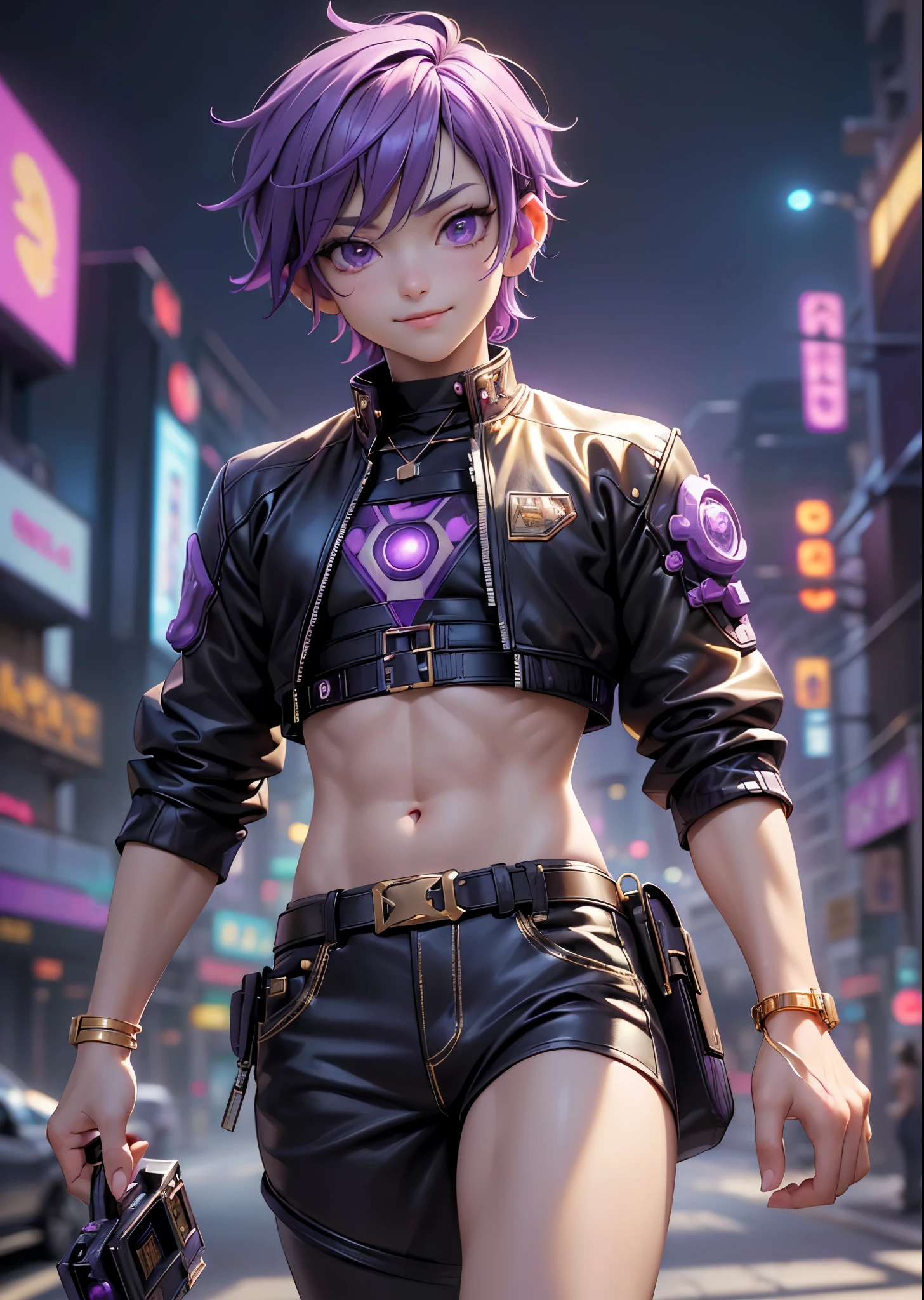 (masterpiece, highest quality, highest quality, Official Art, beautifully、aesthetic:1.2),Cowboy Shot、 (Cyberpunk fashion boy 1)、Smiling boy、Big purple eyes、Beautiful belly、(Purple short-haired)、Very detailed,(golden fractal art:1.3)、Perfect lighting、Sharp focus、High resolution、High resolution、High color rendering、High resolution、Super realistic、