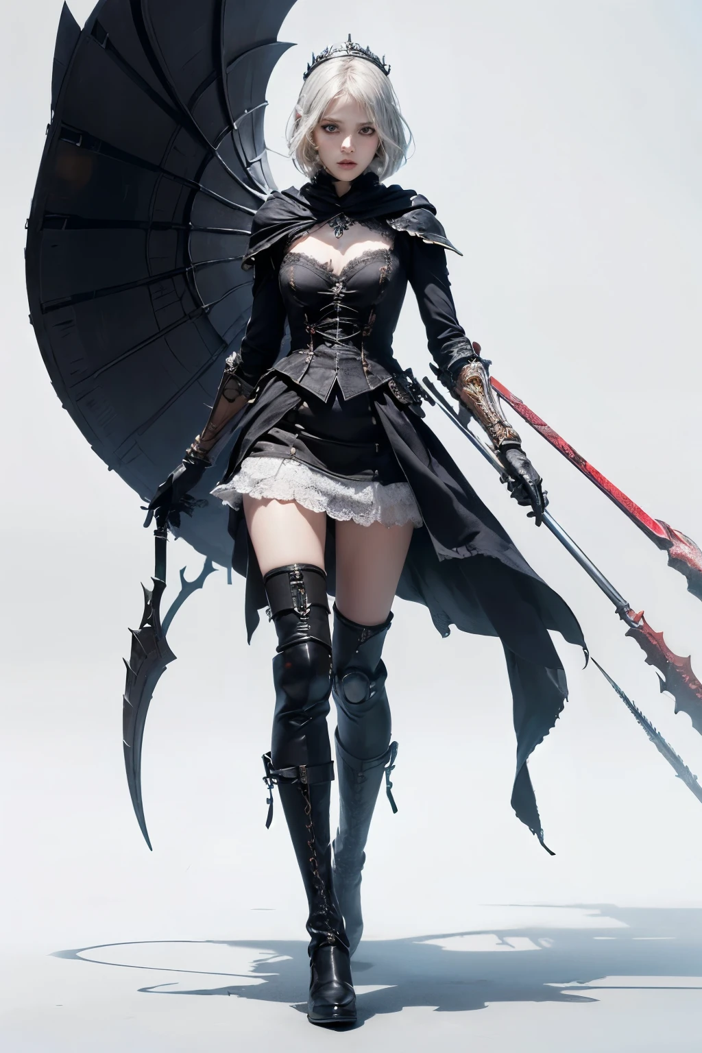 mpts
Copy
(((masutepiece, of the highest quality, super detailed))), a knight, white background, plain background, Bloodborne inspired, Bloodborne, occult aesthetic, occult, Complex mechanical cyborg girl, Skeleton body, red and white clothing detailed and intricate steampunk and detailed gothic lolita (with a hood), diadems, very thin long legs, Complex mechanical boots above the knee, Fluttering lace flared mini skirt, beautiful small breasts directed upwards, (((( Highly detailed face))), small thin nose, Small thin lips mouth, (((Very sharp focused eyes))), Very large slit precision pale grey eyes that shine like jewels. very long eyelashes, Silver hair swaying in the wind, Emitting a dazzling light in a mandala pattern, white background, Very dramatic and cinematic lighting, red and white clothing, full body, whole body, body, cosmic horror