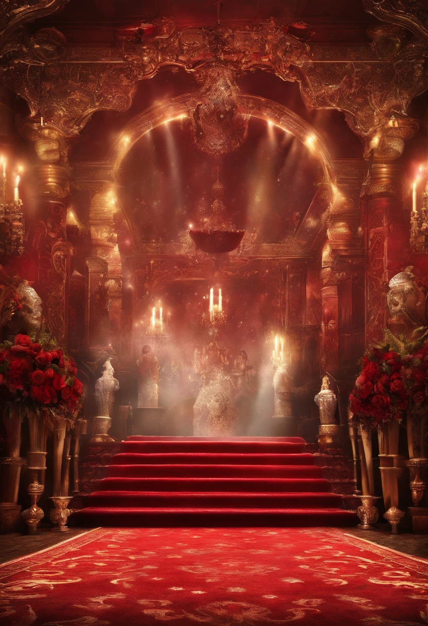 Una imagen con un fondo de unos premios en alfombra roja , luces elegantes en el techo , bola disco , lugar elegante