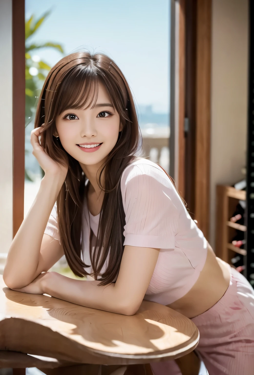 (masterpiece, best quality:1.1), (8k, raw photo, photo realistic:1.2, f22), (shiny skin), detailed skin,long hair,ribbon,detailed face, detailed eyes,smile,BREAK, real world, intricate details, smil, BREAK, 1girl, full body,(short sleeve,ribbon,pink),BREAK, (table,wine:1.4)