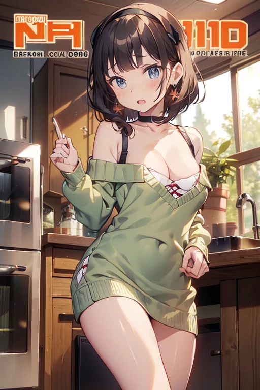 (small breasts:1.2), (perky chest:1.1), (pointed chest:1.0), (hand gun magazine cover:1.3),(from below:1.2),(from side:0.9),masterpiece, 1girl, Amazing Cleavage:1.1, thin waist, big ass, Raised sexy, small breast: 1.2, posed cleavage:1.2、solo, open mouth, have a cute grass of cute beergrass,black hair, dark green eyes, dress, bare shoulders, jewelry, collarbone, sidelocks, hairband, earrings, indoors, off shoulder, sweater, arms behind back, plant, short hair with long locks, gild hairband, sweater dress:1.2, off-shoulder sweater, red sweater, dark gord hair, big side hair, very long side hair,is rendered in (masterpiece: 1.2, best quality), with (ultra high resolution) and an exquisite (depth of field). This masterpiece is not only visually stunning but also tells,A scene of cooking in the kitchen by classroom ,looking at viewer,