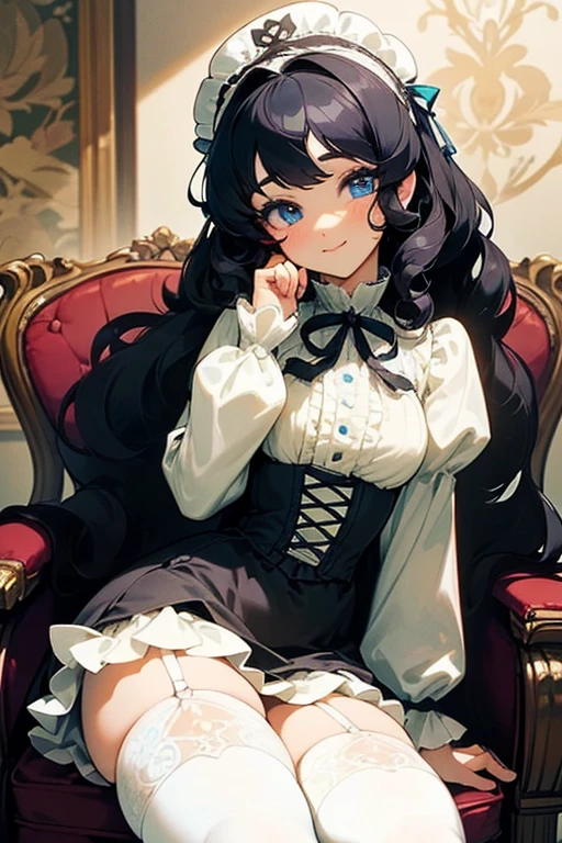 (masterpiece, best quality), warm lighting, blurry foreground, ((White ruff)), 1 girl, cowboy shot, ((victorian outfit)), (lolita attire), (((fluffy hair))), makeup, finely detailed, (best quality), (intricate details), ((Long jet black hair)), ((Hair is fluffy)), best quality, ((Puffy long sleeve dress)), (white ruff), ((Thigh high socks)), ((socks are white)), ((round eyes)), beautiful face, cute face, pinup, perfect face, victorian background, (((blue eyes))), ((curly long hair)), ((Soft smile, happy)), Dress is long, sitting in desk chair, cute room