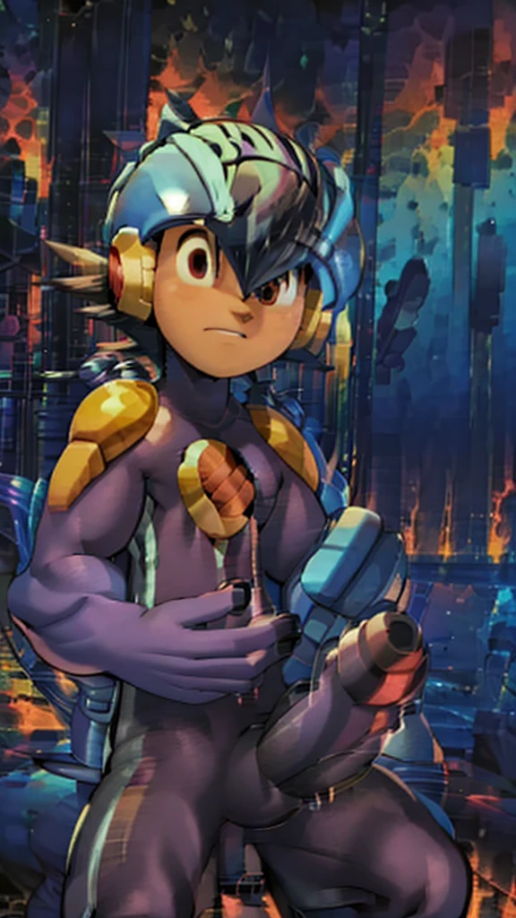 Two people，Rockman，Son Goku，Very large muscles，Purple Skin，Very big penis，armor，Black tentacles clinging to me，Young boy，Posing，Ninja，Sexual，Primary school students，excited，Lust，erection，bodybuilding，backup，Flaunting