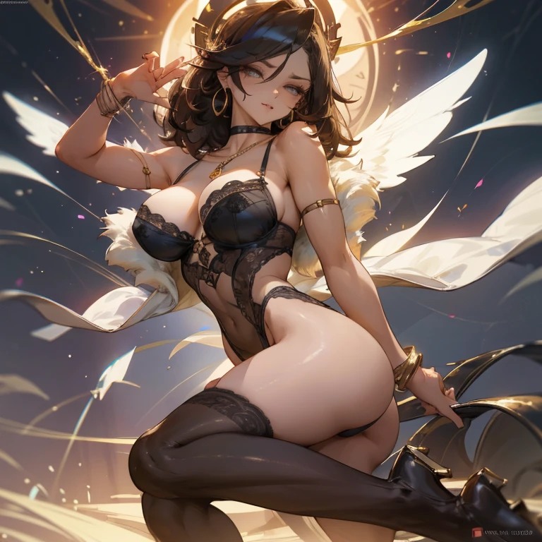 Strong, dark and young woman. Our protagonist is an imposing-looking woman, with a curvy and athletic figure that exudes strength and sensuality. Her generous breasts are enhanced by a dark lace bra, which shapes and lifts them elegantly. A narrow waist and pronounced hips add a touch of provocation to her silhouette, while her rounded, firm butt attracts everyone's attention with its seductive sway. Her brown hair falls in wild waves around her face, framing sharp, penetrating eyes that exude confidence and determination. A mischievous smile plays on his lips, suggesting a mischief about to occur. She wears a set of dark lace lingerie, which hugs her body with sensuality and elegance. The lace bra subtly highlights your cleavage, while a high-waisted panty delicately accentuates your curves. Gold accessories adorn her body, with a necklace that highlights her cleavage and long earrings that reflect light with every movement. As for the pose, our powerful woman is in a dynamic and seductive position. Her slender legs are crossed gracefully, while her arms extend confidently around her, inviting the viewer to step into her aura of sensuality and power. The background of the illustration shows a large and bustling city, with tall buildings that frame our protagonist with their imposing presence. Bright lights illuminate the stage, highlighting her figure and adding a touch of glamor to the scene.
