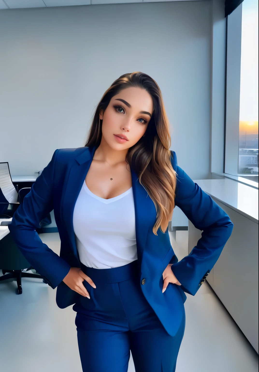 woman in blue suit posing in office with a window view, girl in suit, girl in a suit, wearing business suit, wearing a business suit, in a business suit, in strict suit, wearing a strict business suit, woman in business suit, with a business suit on, professional profile picture, in a strict suit, business woman, wearing tight suit