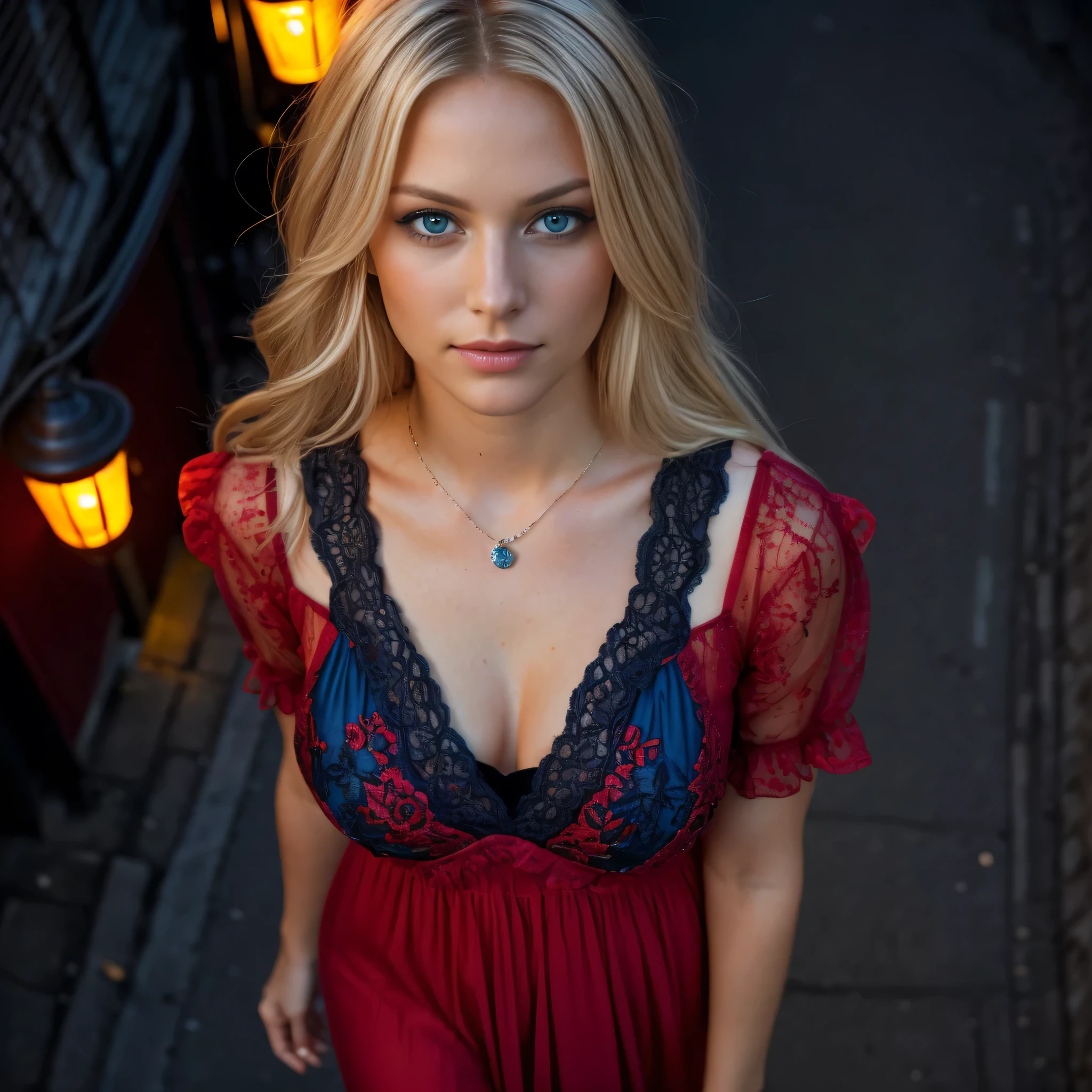 RAW ultra HD portrait photo (taken from above: 1.4) of a 24-year-old blonde woman with blue eyes, walking down a dimly lit, nighttime city alleyway. She is dressed in a vibrant red sundress that accentuates her natural breasts and highlights her cleavage. The intricate details of her textures, hair, shine, and even imperfections are captivatingly captured, offering a hyper-realistic representation of her appearance. Her highly detailed, glossy eyes gaze directly into the camera, reflecting the specular lighting from the street lamps and neon lights. The atmosphere is low key, creating an alluring contrast against the detailed