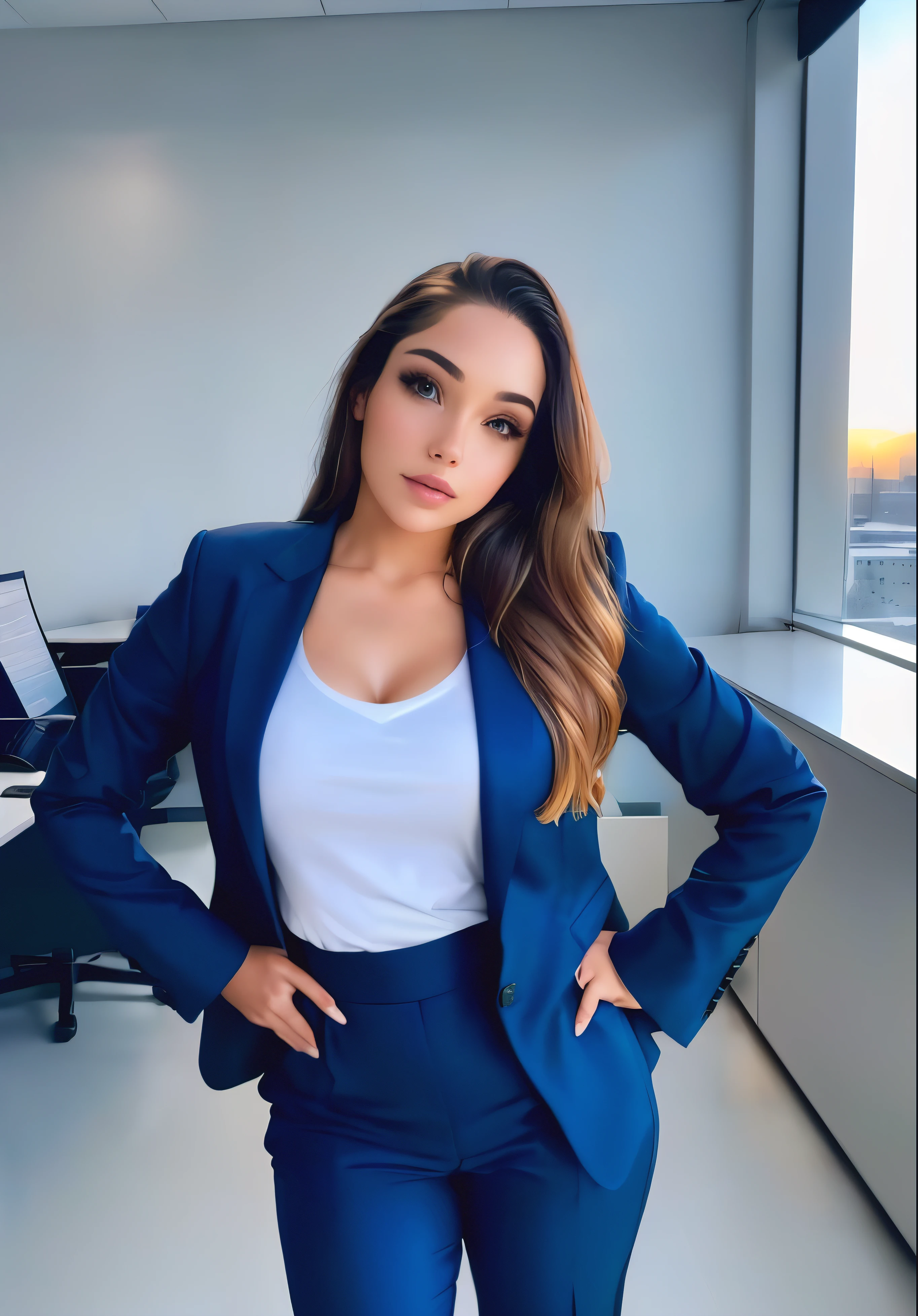 woman in blue suit posing in office with a window view, girl in suit, girl in a suit, wearing business suit, wearing a business suit, in a business suit, in strict suit, wearing a strict business suit, woman in business suit, with a business suit on, professional profile picture, in a strict suit, business woman, wearing tight suit