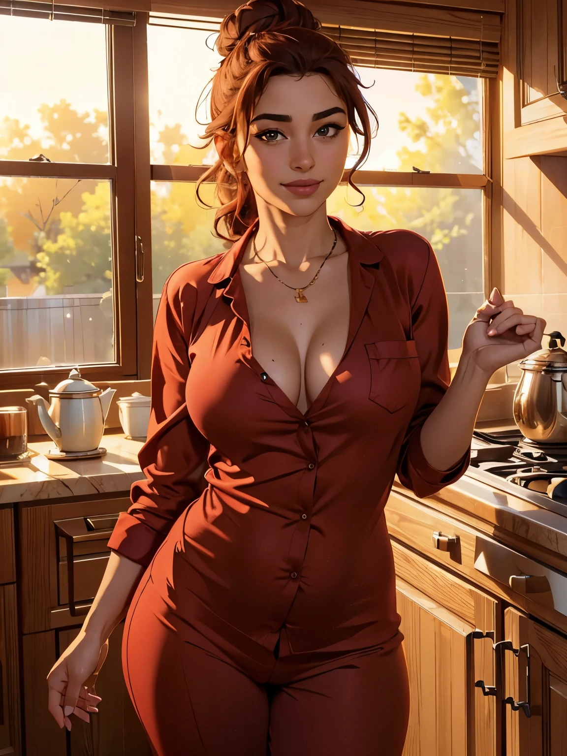 (best quality,4k,8k,highres,masterpiece:1.2),ultra-detailed,(realistic,photorealistic,photo-realistic:1.37),romantic lighting, 2 beautiful iraqi wifes,beautiful smile,sultry eyes,[red sexy pajamas],standing in kitchen,freshly brewed coffee,glowing morning sunlight, curvy, transparent, 2 necklaces, red loose pajama shirt, messy hair bun, big bust, buttoned up all the way, bottom up view