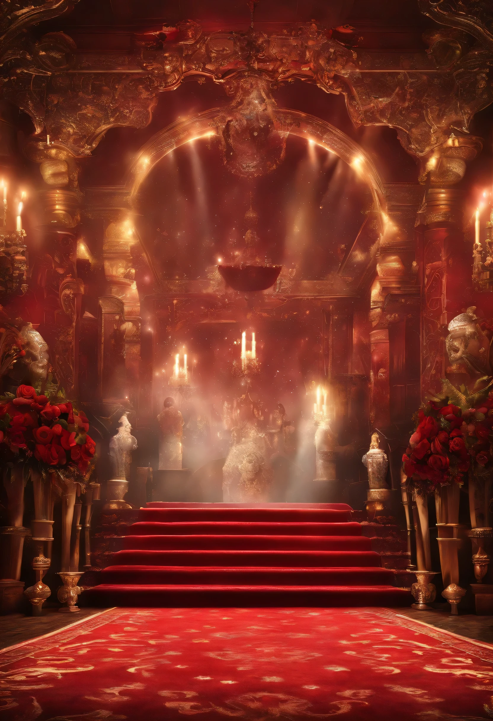Una imagen con un fondo de unos premios en alfombra roja , luces elegantes en el techo , bola disco , lugar elegante 
