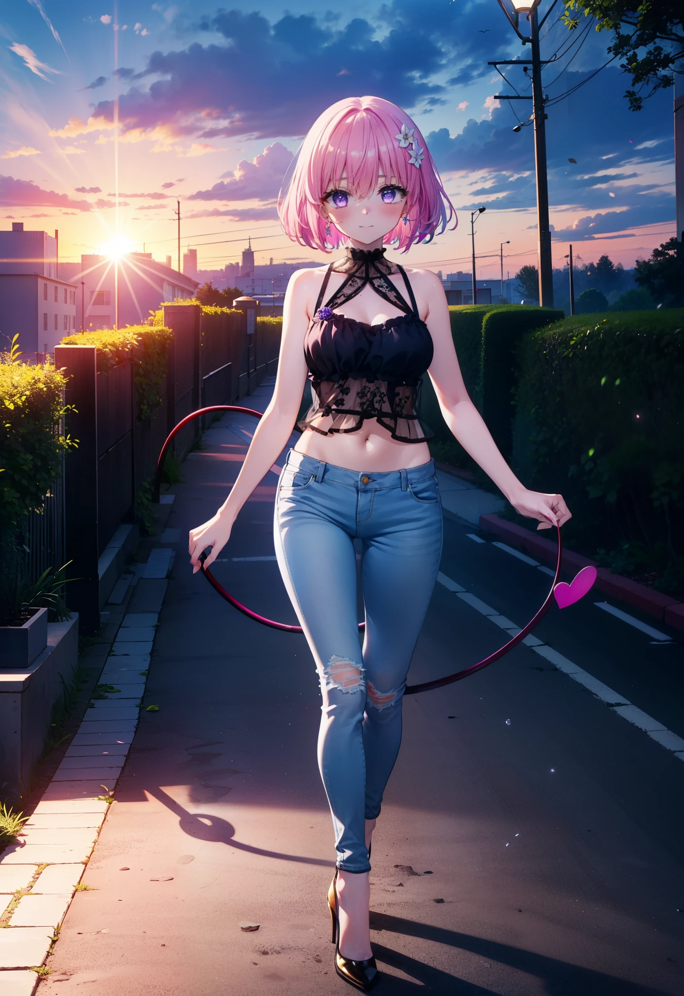 Momodebilke, A type of Deviluke, demon tail, Hair Flowers, hair ornaments, (Purple eyes:1.1), Pink Hair, short hair, tail, blush,happy smile, smile, Open your mouth,
break demon tail, Cordo shoulder top,Skinny jeans,Stiletto heels,morning,morning陽,The sun is rising,Walking,whole bodyがイラストに入るように, break outdoors, 公園 break looking at viewer, whole body, break (masterpiece:1.2), highest quality, High resolution, unity 8k wallpaper, (figure:0.8), (beautiful detailed eyes:1.6), extremely detailed face, Perfect lighting, extremely detailed CG, (Perfect hands, Perfect Anatomy),