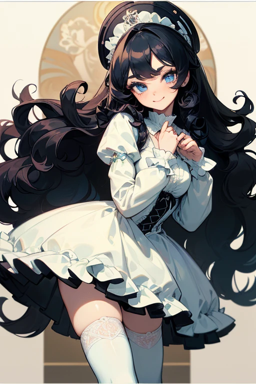 (masterpiece, best quality), warm lighting, blurry foreground, ((White ruff)), 1 girl, cowboy shot, ((victorian outfit)), (lolita attire), (((fluffy hair))), makeup, finely detailed, (best quality), (intricate details), ((Long jet black hair)), ((Hair is fluffy)), best quality, ((Puffy long sleeve dress)), (white ruff), ((Thigh high socks)), ((socks are white)), ((round eyes)), beautiful face, cute face, pinup, perfect face, (((blue eyes))), ((curly long hair)), ((Sassy smile, happy)), Dress is long, In flower patch, near ocean