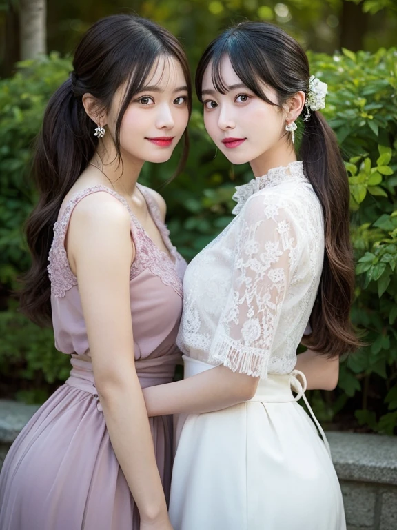 finely detail, hight resolution, hightquality、Perfect dynamic composition, Beautiful detailed eyes, twin-tail hair, Beautiful breasts 、Natural Color Lip, up of face,Kamimei、2 girls in、Transparent skin、Glowing hair、Pink luxury clothes、Fluffy skirt、intricate lace、complex dress、intricate hair ornament、Complex earrings、Complex necklaces、A smile、Botanical Garden、Two people facing each other、