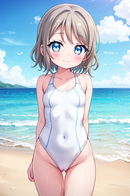 1girl, solo, watanabe you, white competition swimsuit, blue eyes,small breasts,short hair, one-piece swimsuit, beach,looking at viewer, arms behind back,get wet,pussy,blue eyes,highleg swimsuit,grey hair,blush,closed mouth,smile