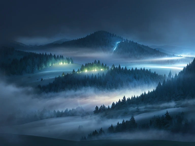 remote uninhabited natural landscape at midnight, mysterious lush hill, (midnight), (night time lighting), heavy fog rolling down the hillside, 