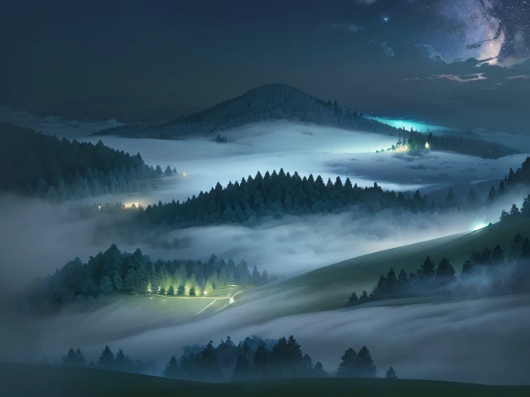 remote uninhabited natural landscape at midnight, mysterious lush hill, (midnight), (night time lighting), heavy fog rolling down the hillside,