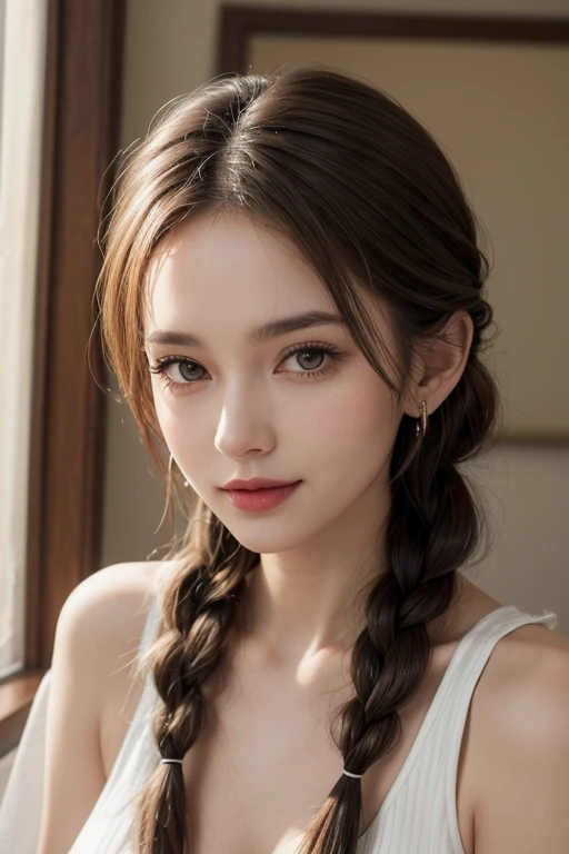 slender, mature female, forehead, amount, 1girl, breasts, solo, brown_hair, jewelry, earrings, long_hair, french braid, side braid, braid, single braid, cover, lips, upper_body, artist_name, looking_at_viewer, large_breasts, brown_eyes, smile, medium_breasts, collarbone, cleavage, nose, bmakeup, vertical_stripes, head_tilt, lipstick, watermark