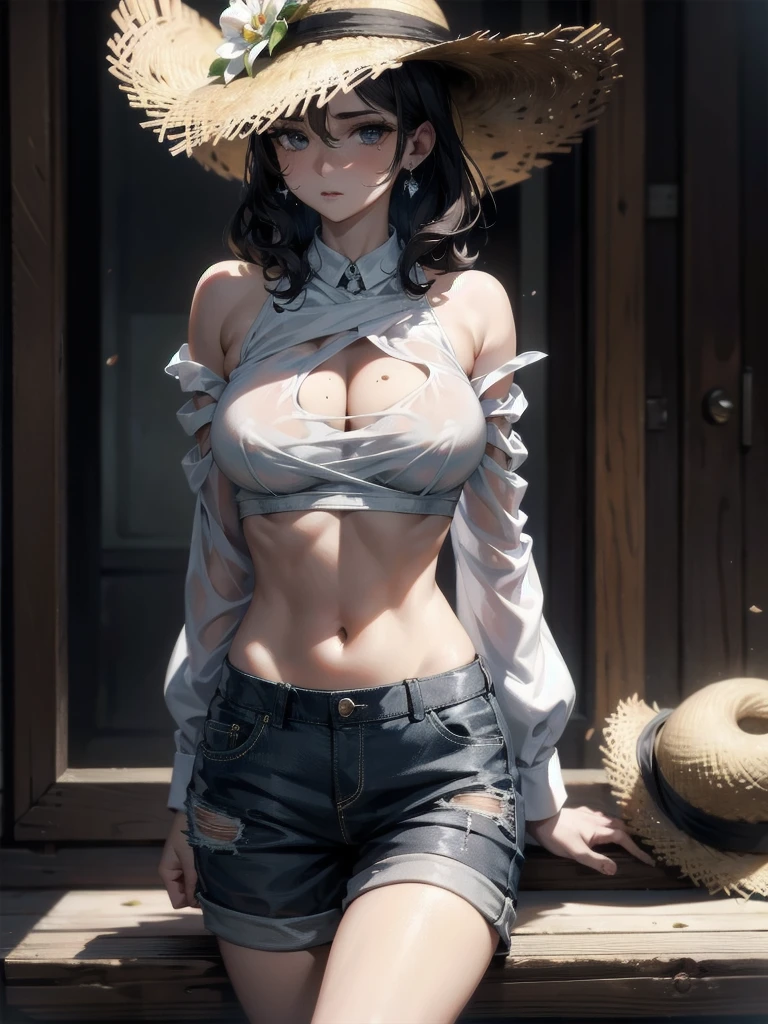 absurdres, RAW photo, extremely delicate and beautiful, masterpiece, Best Quality, ultra high resolution, 32k, hyperrealistic, ultra-detailed, perfect figure, tearful mole, earring, whole body shot, short medium hair, wavy hair, big breast, casual, blouse, white shirt, buttoned shirt, bare shoulders, collarbone, midriff, navel, shorts, straw hat,