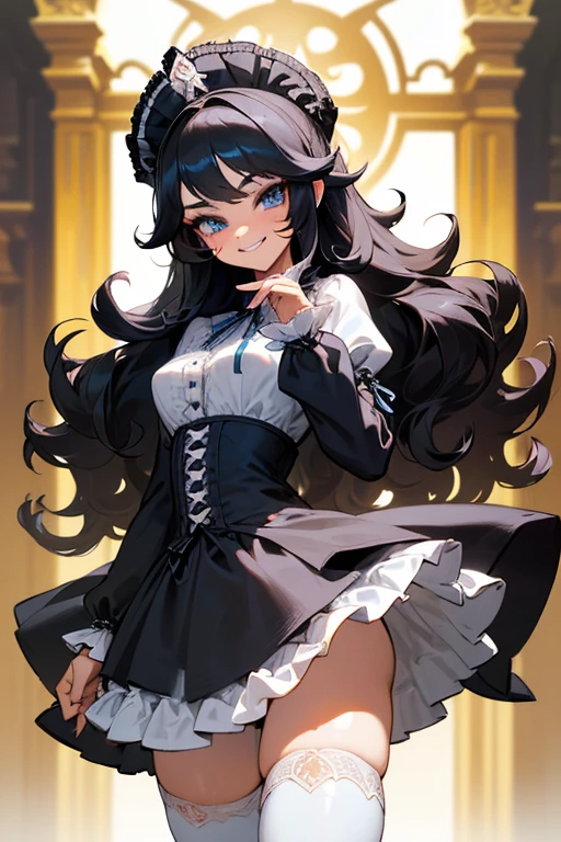 (masterpiece, best quality), warm lighting, blurry foreground, ((White ruff)), 1 girl, cowboy shot, ((victorian outfit)), (ta attire), (((fluffy hair))), makeup, finely detailed, (best quality), (intricate details), ((Long jet black hair)), ((Hair is fluffy)), best quality, ((Puffy long sleeve dress)), (white ruff), ((Thigh high socks)), ((socks are white)), ((round eyes)), beautiful face, cute face, pinup, perfect face, (((blue eyes))), ((curly long hair)), ((Bratty smile, happy)), Dress is long, (((Bratty, teasing look, sassy))