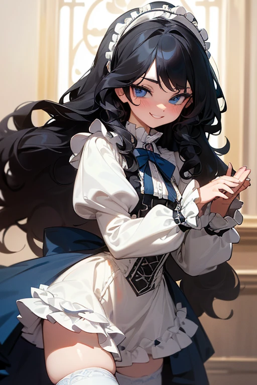 (masterpiece, best quality), warm lighting, blurry foreground, ((White ruff)), 1 girl, cowboy shot, ((victorian outfit)), (lolita attire), (((fluffy hair))), makeup, finely detailed, (best quality), (intricate details), ((Long jet black hair)), ((Hair is fluffy)), best quality, ((Puffy long sleeve dress)), (white ruff), ((Thigh high socks)), ((socks are white)), ((round eyes)), beautiful face, cute face, pinup, perfect face, (((blue eyes))), ((curly long hair)), ((Bratty smile, happy)), Dress is long, (((Bratty, teasing look, sassy))
