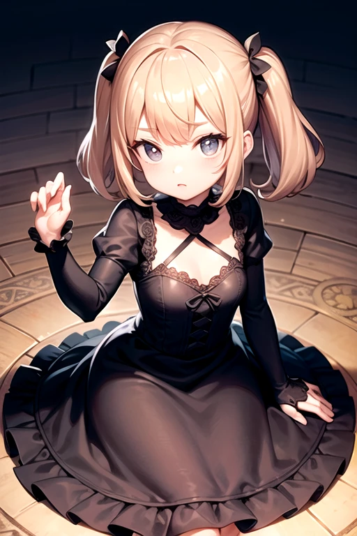 Obra de arte, melhor qualidade, ultra-detalhado, illustration, (1 garota), lindos olhos detalhados, magra, (cacheada)
,medium brown blonde ,fofa, kids gothic dress