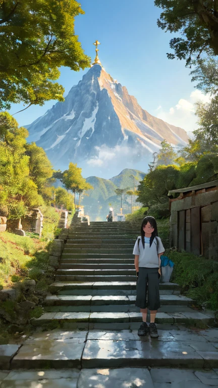 additional definition, parte superior del cuerpo, sonrisa, Rubor, al aire libre, day, fondo sencillo, blue cielo, cabello corto, cielo, temple, mirando al espectador, escaleras, mountain, changing lighting, frente al espectador,