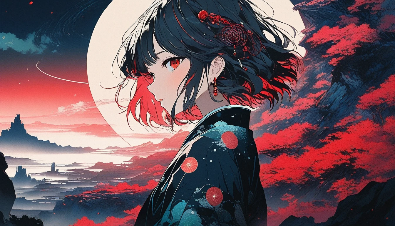 (highest quality, sketch:1.2),Realistic,Illustrator,anime,1 girl, Detailed lips, kimono,custom, Black and red gradient background,Neon Hair,Texture Cropping, masterpiece, Style: Retro Classic, anime, Girl standing on a cliff looking at a spiral, Cyberpunk art inspired by Yuumei, Topics on pixiv, Space Art, Makoto Shinkai Cyril Rolando, Space Sky. by makoto shinkai, dreamy psychedelic anime, beautiful anime scene, anime epic artwork, Watching the sunset. anime, realism | Beep