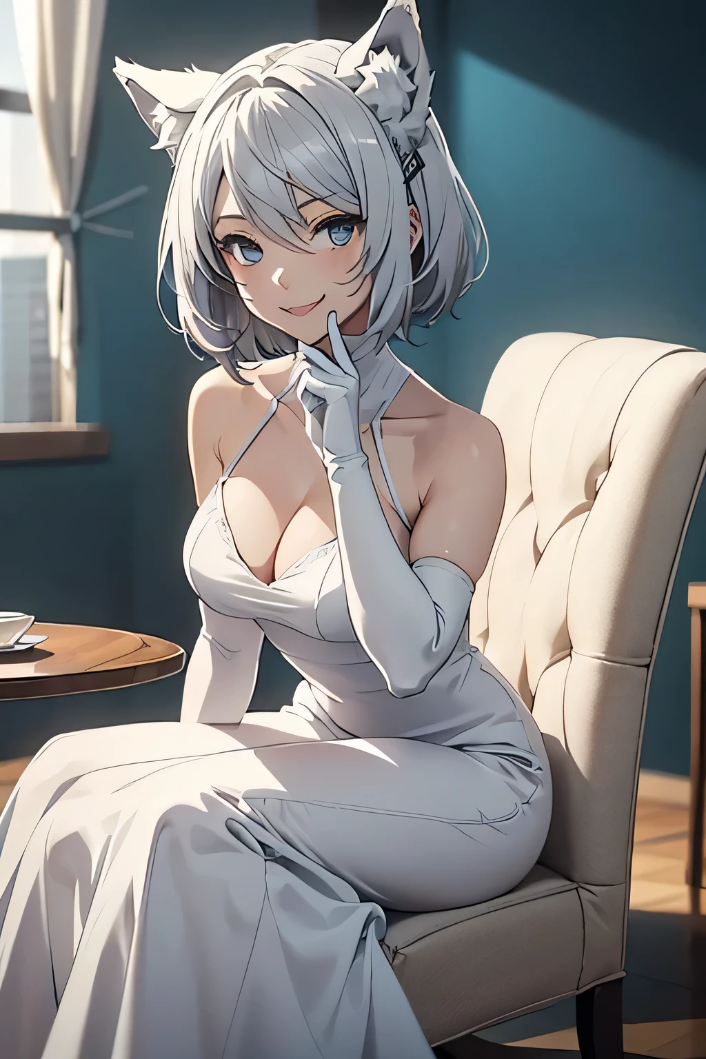 Tabletop　 Best image quality　wonderful　Attention to detail　One Young Woman（（Adult））Anime Style　whole body　White long dress（Sleeveless）　White long gloves（Elbow Gloves）　White pantyhose（Plain）　Wolf Ears　short hair（（Shortcuts）（Gray Hair）（Curly Hair）（fluffy））　smile（Happy）　Eye color is blue　background（Hotel）　Sit on a chair