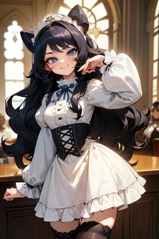 (masterpiece, best quality), warm lighting, blurry foreground, ((White ruff)), 1 girl, cowboy shot, ((victorian outfit)), (lolita attire), (((fluffy hair))), makeup, finely detailed, (best quality), (intricate details), ((Long jet black hair)), ((Hair is fluffy)), best quality, ((Puffy long sleeve dress)), (white ruff), ((Thigh high socks)), ((socks are white)), ((round eyes)), beautiful face, cute face, pinup, perfect face, (((blue eyes))), ((curly long hair)), ((Bratty smile, happy)), Dress is long, (((Bratty, teasing look, sassy)))