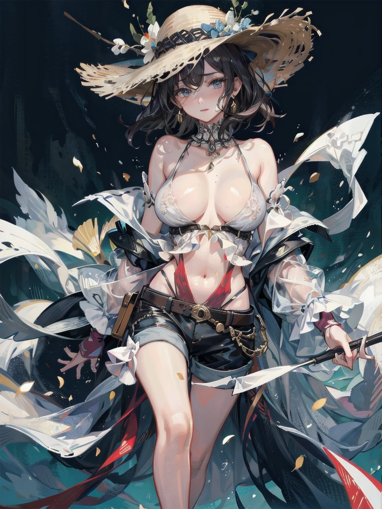 absurdres, RAW photo, extremely delicate and beautiful, masterpiece, Best Quality, ultra high resolution, 32k, hyperrealistic, ultra-detailed, perfect figure, tearful mole, earring, whole body shot, short medium hair, wavy hair, big breast, casual, blouse, white shirt, buttoned shirt, bare shoulders, collarbone, midriff, navel, shorts, straw hat,