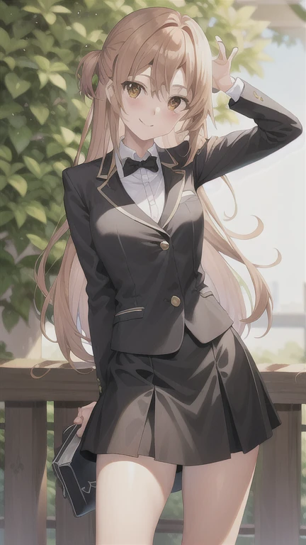 Asuna, asuna_\(Estrella\), 1 chica, (pose sexy:1.4), high resolution,  original, realista,  escenario,  cerca_arriba, arribaper_cuerpo,  sonriente, solo, pelo largo, mirando al espectador, sonrisa, golpes ,ojos detallados, hermoso fondo, manos en el pecho, pelo rubio, Brown eyes, pelo largo, de pie, (full cuerpo:1.5), en la escuela, vista de la escuela, aula, , (Blazer negro), mini falda, Zapatos negros, ropa de colegio, alumno, save section, (uniforme negro), media alta negra, media negra,