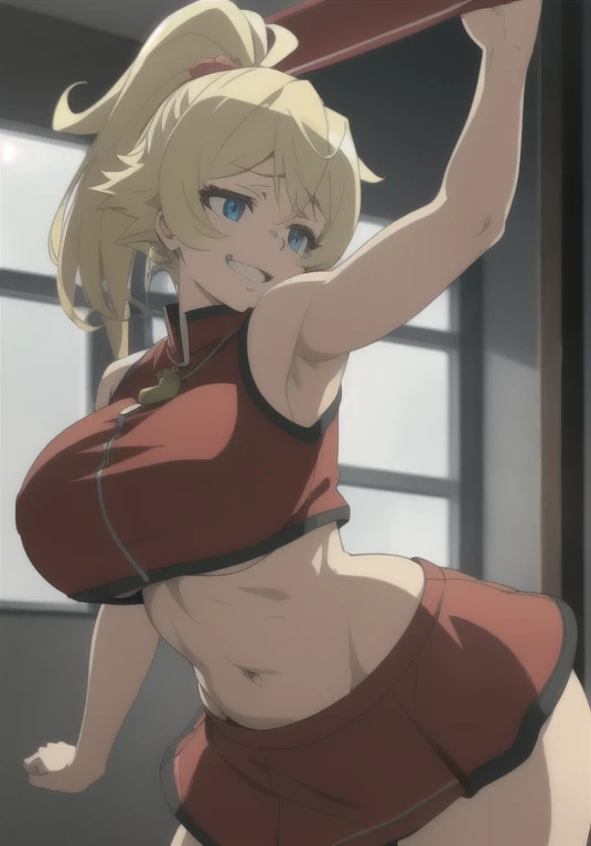 (masterpiece:1.2, best quality:1.2, beautiful, high quality, highres:1.1, aesthetic), detailed, extremely detailed, ambient soft lighting, 4K, perfect eyes, perfect face, perfect lighting, 1girl, solo, Tanya von Degurechaff, huge ass, huge breasts, huge thighs, narrow waist, wide hips, thick thighs, curvy, ponytail, , hands in the air, jumping, pompoms, cheerleader, cheerleader outfit, mini skirt, exposed midriff, underboob, bouncing breasts, collar,blushing,sweating, (breathing hard), (panting), anime, military hat, red pendant, smile,