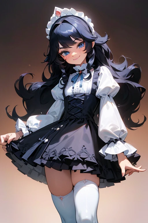 (masterpiece, best quality), warm lighting, blurry foreground, ((White ruff)), 1 girl, cowboy shot, ((victorian outfit)), (ta attire), (((fluffy hair))), makeup, finely detailed, (best quality), (intricate details), ((Long jet black hair)), ((Hair is fluffy)), best quality, ((Puffy long sleeve dress)), (white ruff), ((Thigh high socks)), ((socks are white)), ((round eyes)), beautiful face, cute face, pinup, perfect face, (((blue eyes))), ((curly long hair)), ((Bratty smile, happy)), Dress is long, (((teasing look, sassy)))