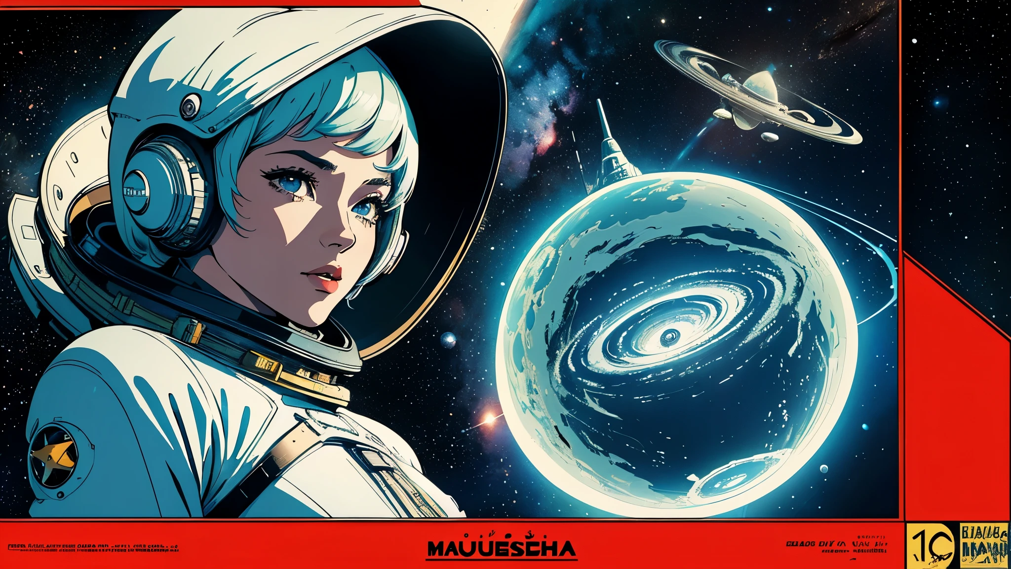 (masterpiece, highest quality), 8k wallpaper, very detailed, poster, vintage science fiction, 1960s,(((space thriller cinematic movie poster))), (bauhaus), shape,abstract, mid century modern, movie poster, vintage, Perfect Lady,anime,1970's,halftone,speech bubble