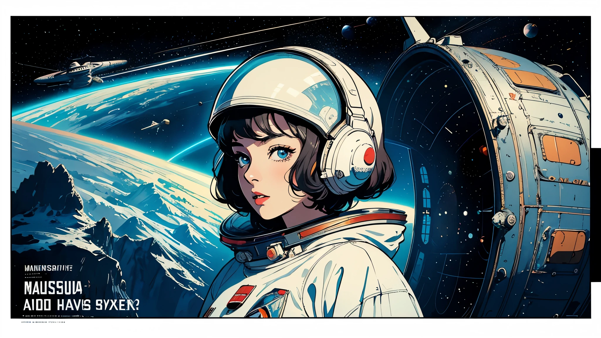 (masterpiece, highest quality), 8k wallpaper, very detailed, poster, vintage science fiction, 1960s,(((space thriller cinematic movie poster))), (bauhaus), shape,abstract, mid century modern, movie poster, vintage, Perfect Lady,anime,1970's,halftone,speech bubble