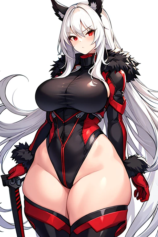 1girl, white hair, long hair, red eyes, serious, glowing eyes, large breasts, thick thighs, mature female, athletic  female, toned, leotard, black leotard, knife, fur trim, fur, fur-trimmed jacket