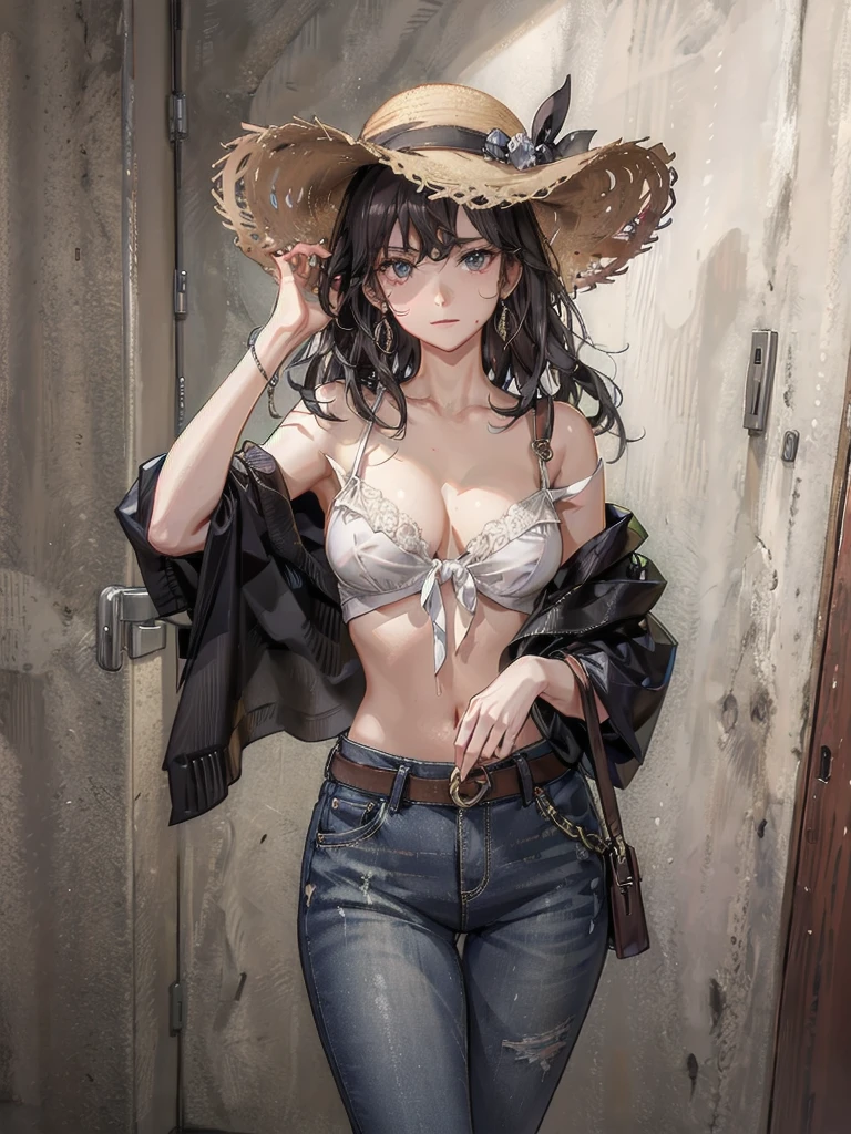 absurdres, RAW photo, extremely delicate and beautiful, masterpiece, Best Quality, ultra high resolution, 32k, hyperrealistic, ultra-detailed, perfect figure, tearful mole, earring, cowboy shot, short medium hair, wavy hair, big breast, casual, blouse, white shirt, buttoned shirt, bare shoulders, collarbone, midriff, navel, shorts, straw hat, 