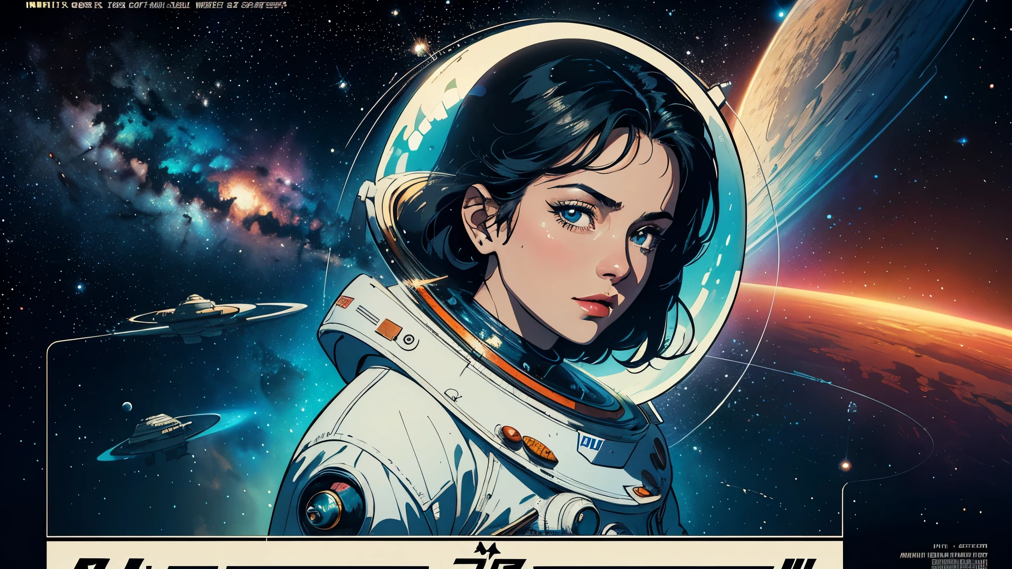 (masterpiece, highest quality), 8k wallpaper, very detailed, poster, vintage science fiction, 1960s,(((space thriller cinematic movie poster))), (bauhaus), shape,abstract, mid century modern, movie poster, vintage, Perfect Lady,anime,1970's,halftone,speech bubble